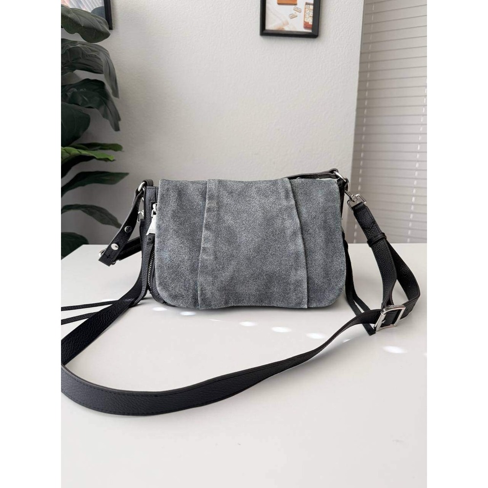 Aimee Kestenberg Flap Crossbody Bag Black Leather Denim Silver Hardware